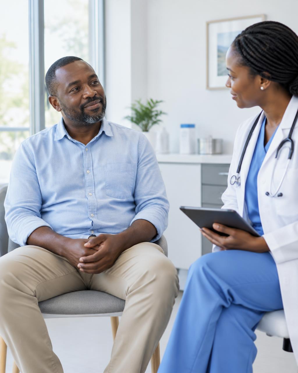 Patient assis échangeant avec une clinicienne dans un cabinet médical